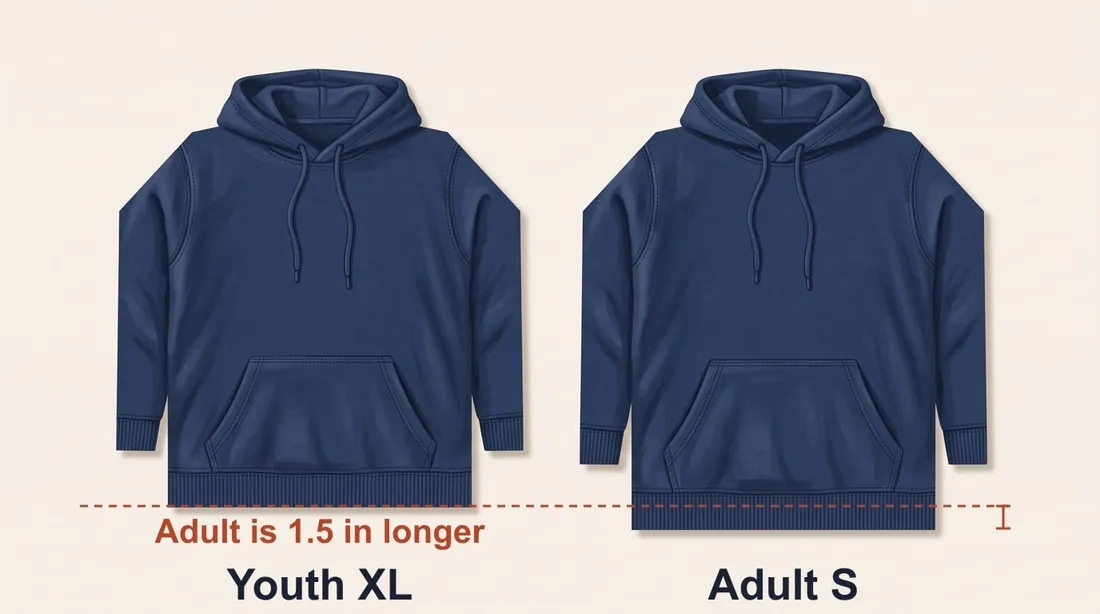 A youth XL hoodie beside an adult small hoodie, laid flat to the same scale, with the adult hoodie 1.5 inches longer