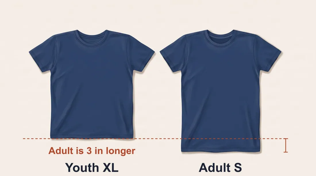 A youth XL tee beside an adult small tee, laid flat to the same scale, with the adult tee 3 inches longer